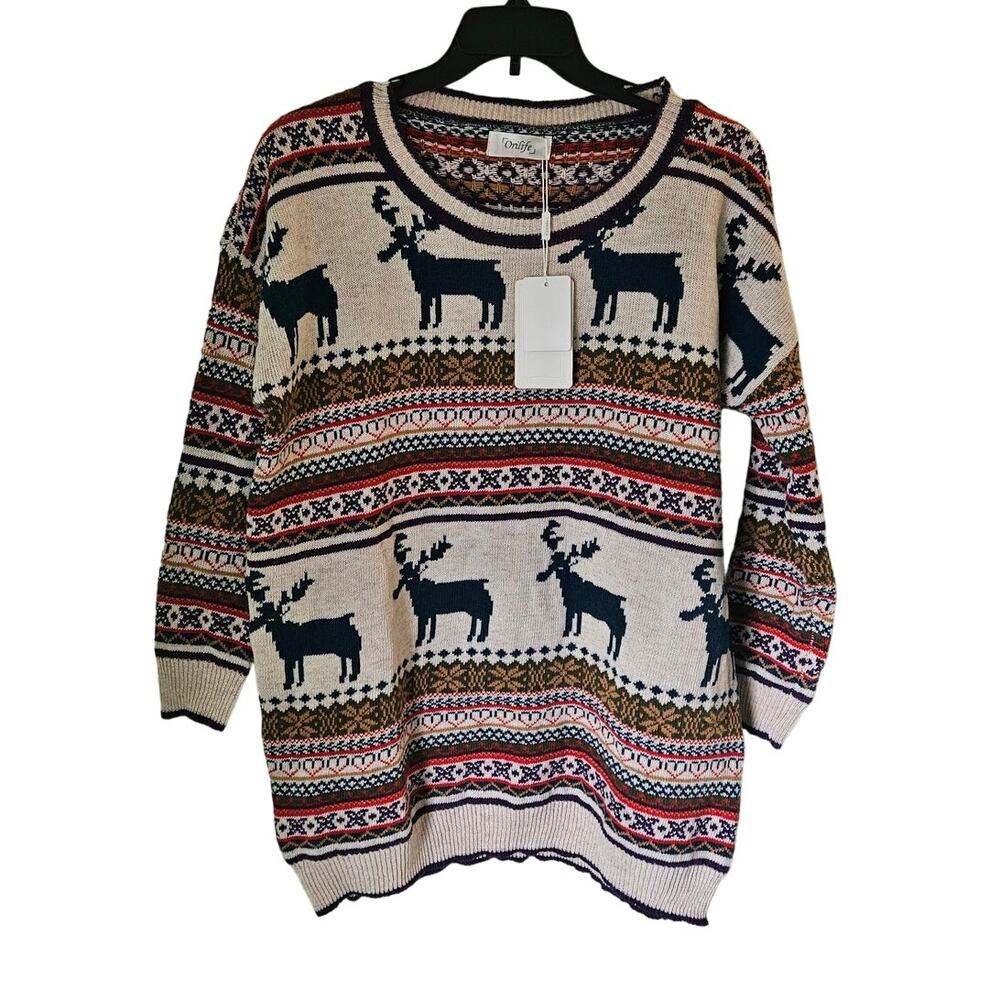 NWT! Orilife Oversized Baggy Beige Cotton & Wool Blend Reindeer Sweater